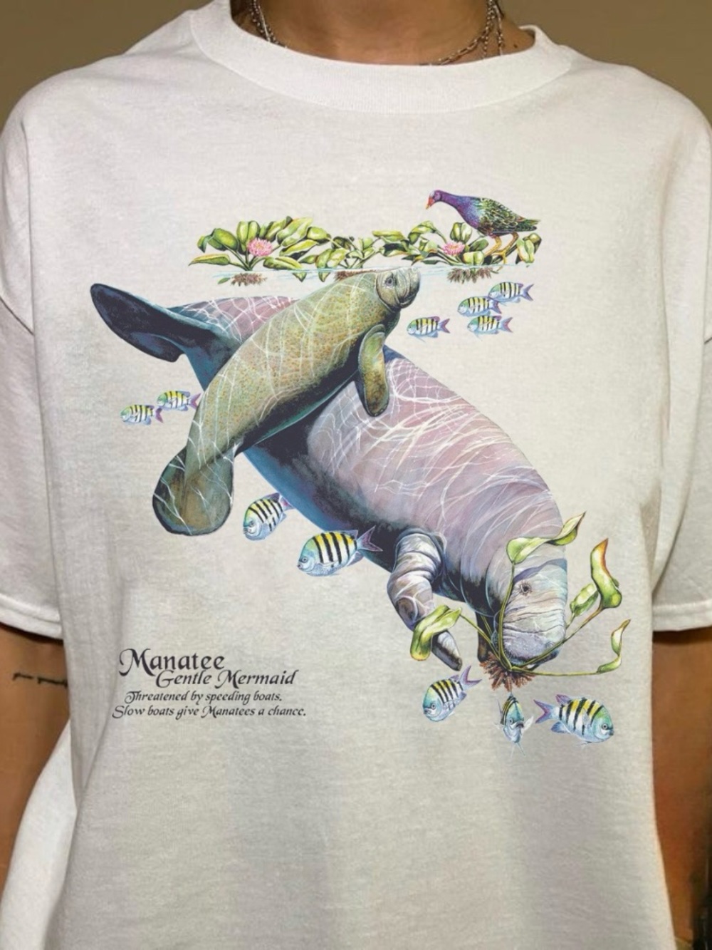 White Manatee Gentle Mermaid Ocean Lover Graphic Tee